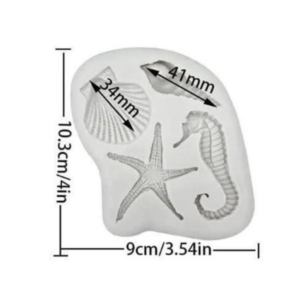 Seahorse & Seashell Silicone Mold, Seahorse & Seashell QUAD, seahorse & seashell silicone mold quad, molde de silicone de seahorse & seashell quad
