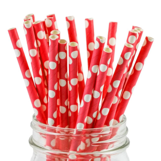 Red Polka Dot Paper Straws, 25 paper straws, decoration straws, straws to cake pop, Red Paper Straws