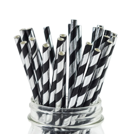 Black-Silver Foil- Striped Paper Straws, Sweet & Treats Paper Straws, Black/Silver Foil Paper Straws